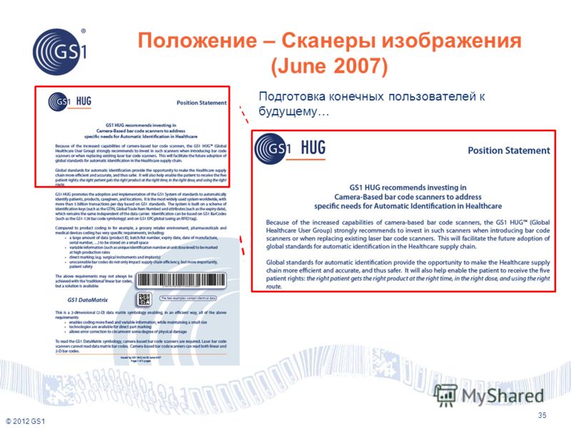 © 2012 GS1 Положение – Сканеры изображения (June 2007) 35 Подготовка конечных пользователей к будущему…