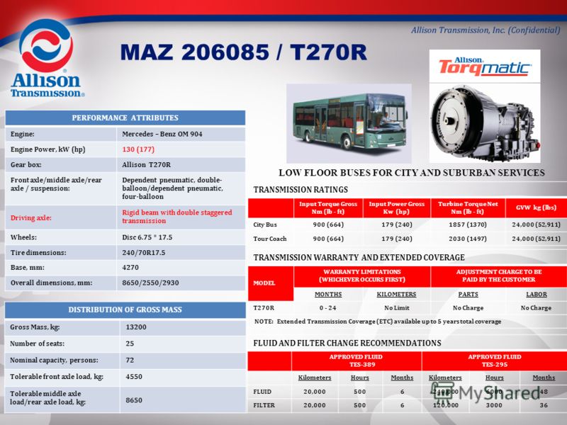 MAZ 206085 / T270R PERFORMANCE ATTRIBUTES Engine:Mercedes – Benz OM 904 Engine Power, kW (hp)130 (177) Gear box:Allison T270R Front axle/middle axle/rear axle / suspension: Dependent pneumatic, double- balloon/dependent pneumatic, four-balloon Drivin