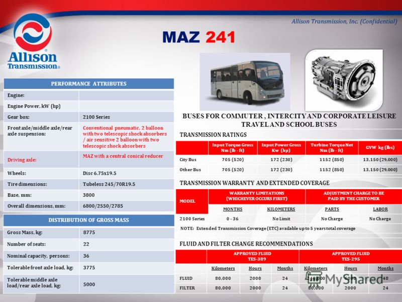 MAZ 241 PERFORMANCE ATTRIBUTES Engine: Engine Power, kW (hp) Gear box:2100 Series Front axle/middle axle/rear axle suspension: Conventional pneumatic, 2 balloon with two telescopic shock absorbers / air sensitive 2 balloon with two telescopic shock a