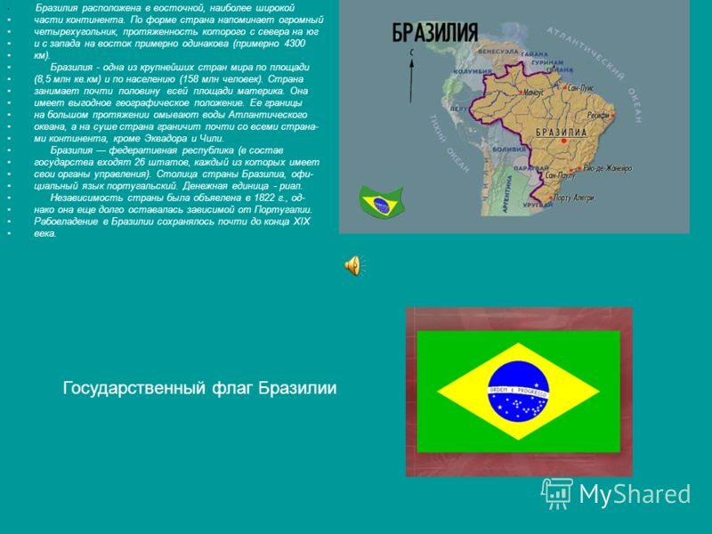 Бразилия расположена в восточной, наиболее широкой части континента. По форме страна напоминает огромный четырехугольник, протяженность которого с севера на юг и с запада на восток примерно одинакова (примерно 4300 км). Бразилия - одна из крупнейших 
