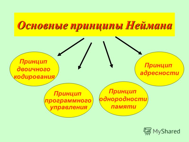Основные принципы Неймана Принцип двоичного кодирования Принцип программного управления Принцип однородности памяти Принцип адресности