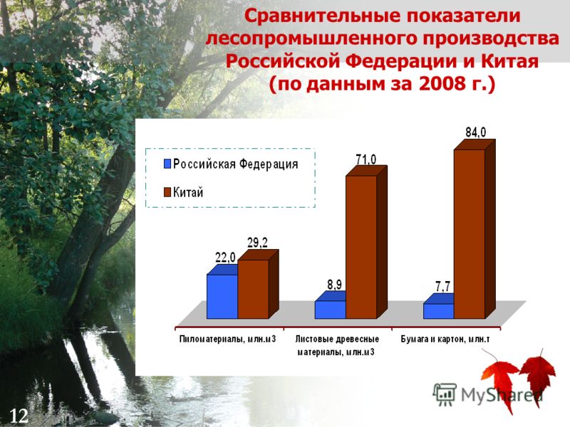 12 Сравнительные показатели лесопромышленного производства Российской Федерации и Китая (по данным за 2008 г.) 12