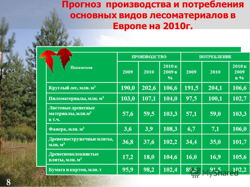 8 Прогноз производства и потребления основных видов лесоматериалов в Европе на 2010г. Показатели ПРОИЗВОДСТВОПОТРЕБЛЕНИЕ 20092010 2010 к 2009 в % 20092010 2010 к 2009 в % Круглый лес, млн. м 3 190,0202,6106,6191,5204,1106,6 Пиломатериалы, млн. м 3 10