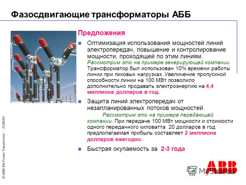 © ABB BA Power Transformer - 25/06/01 Предложения Оптимизация использования мощностей линий электропередач, повышение и контролирование мощности, проходящей по этим линиям. Рассмотрим это на примере генерирующей компании. Трансформатор был использова