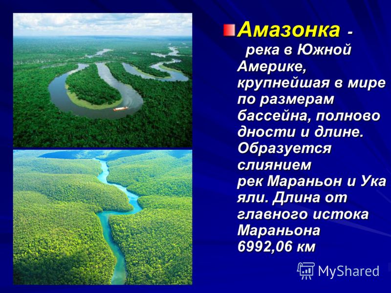 Амазонка - река в Южной Америке, крупнейшая в мире по размерам бассейна, полново дности и длине. Образуется слиянием рек Мараньон и Ука яли. Длина от главного истока Мараньона 6992,06 км