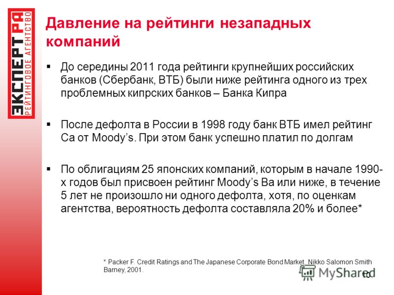 До середины 2011 года рейтинги крупнейших российских банков (Сбербанк, ВТБ) были ниже рейтинга одного из трех проблемных кипрских банков – Банка Кипра После дефолта в России в 1998 году банк ВТБ имел рейтинг Са от Moodys. При этом банк успешно платил