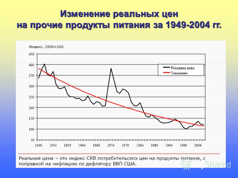 Изменение реальных цен на прочие продукты питания за 1949-2004 гг.