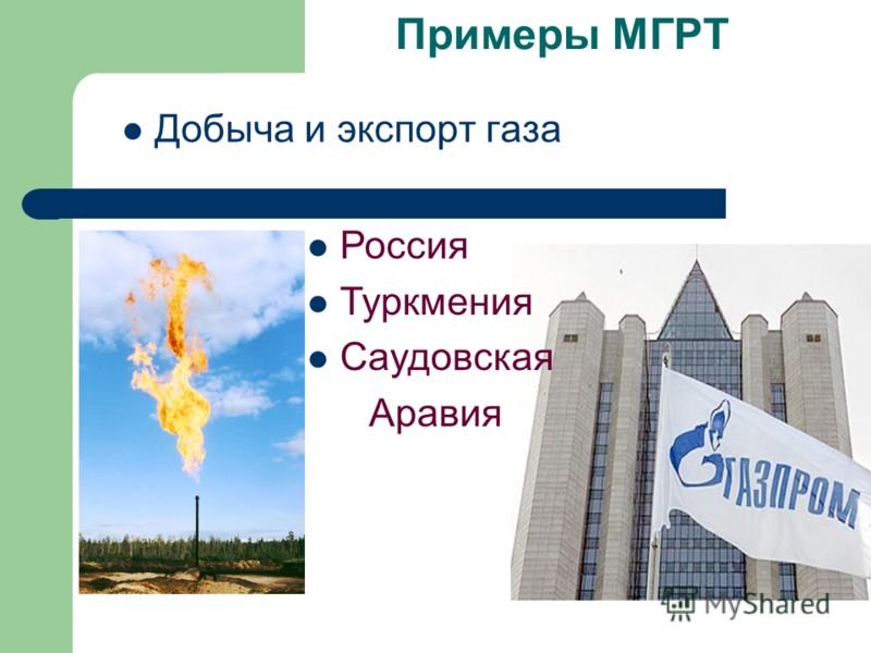 Примеры МГРТ Добыча и экспорт газа Россия Туркмения Саудовская Аравия