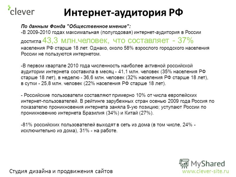 Интернет-аудитория РФ Студия дизайна и продвижения сайтов www.clever-site.ru По данным Фонда 
