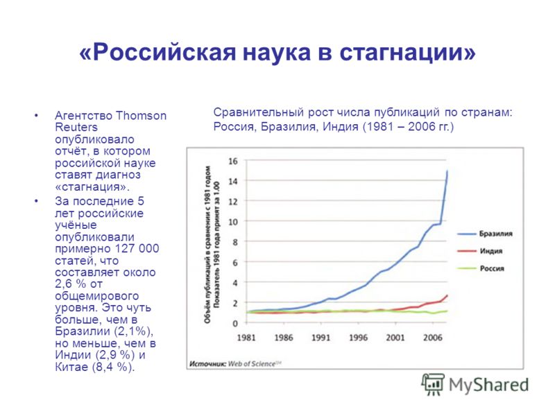 «Российская наука в стагнации» Агентство Thomson Reuters опубликовало отчёт, в котором российской науке ставят диагноз «стагнация». За последние 5 лет российские учёные опубликовали примерно 127 000 статей, что составляет около 2,6 % от общемирового 
