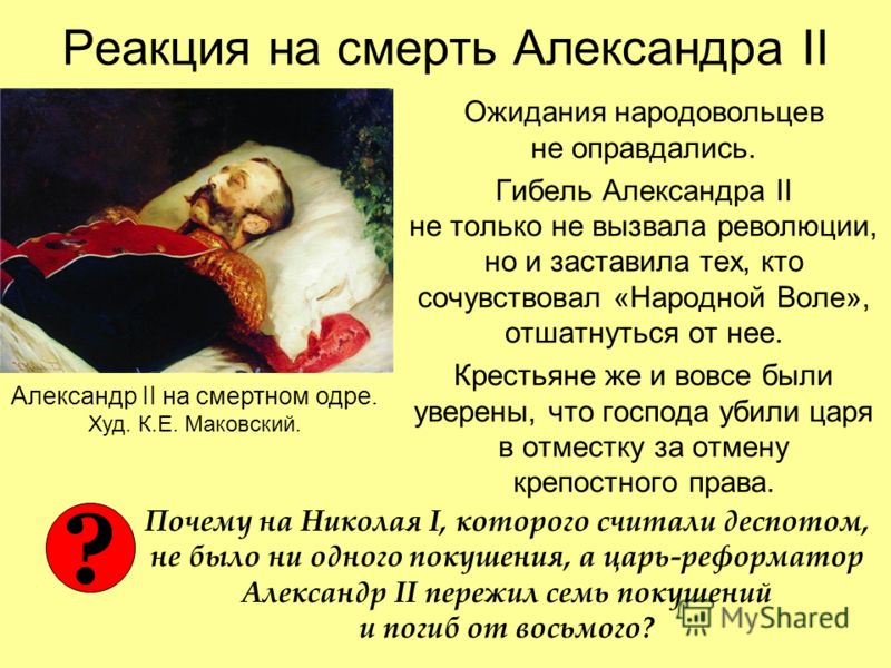 Реакция на смерть Александра II Ожидания народовольцев не оправдались. Гибель Александра II не только не вызвала революции, но и заставила тех, кто сочувствовал «Народной Воле», отшатнуться от нее. Крестьяне же и вовсе были уверены, что господа убили