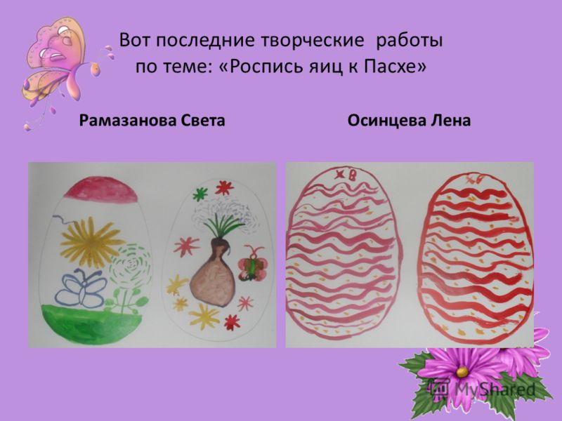Вот последние творческие работы по теме: «Роспись яиц к Пасхе» Рамазанова СветаОсинцева Лена