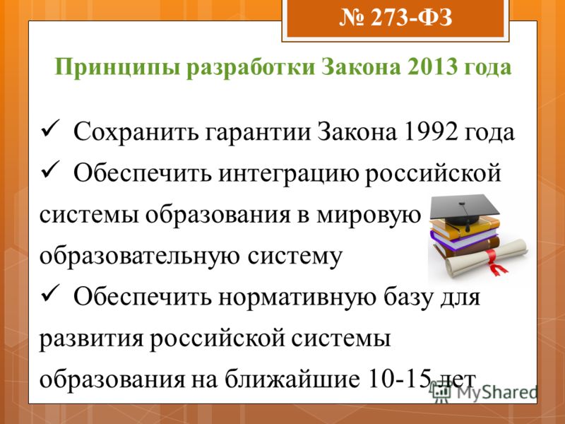 Принципы разработки Закона 2013 года Сохранить гарантии Закона 1992 года Обеспечить интеграцию российской системы образования в мировую образовательную систему Обеспечить нормативную базу для развития российской системы образования на ближайшие 10-15