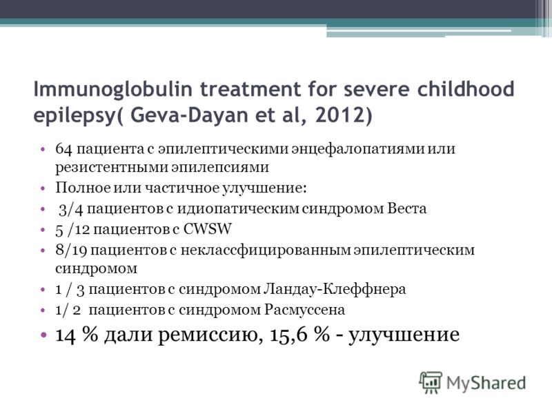 Immunoglobulin treatment for severe childhood epilepsy( Geva-Dayan et al, 2012) 64 пациента с эпилептическими энцефалопатиями или резистентными эпилепсиями Полное или частичное улучшение: 3/4 пациентов с идиопатическим синдромом Веста 5 /12 пациентов