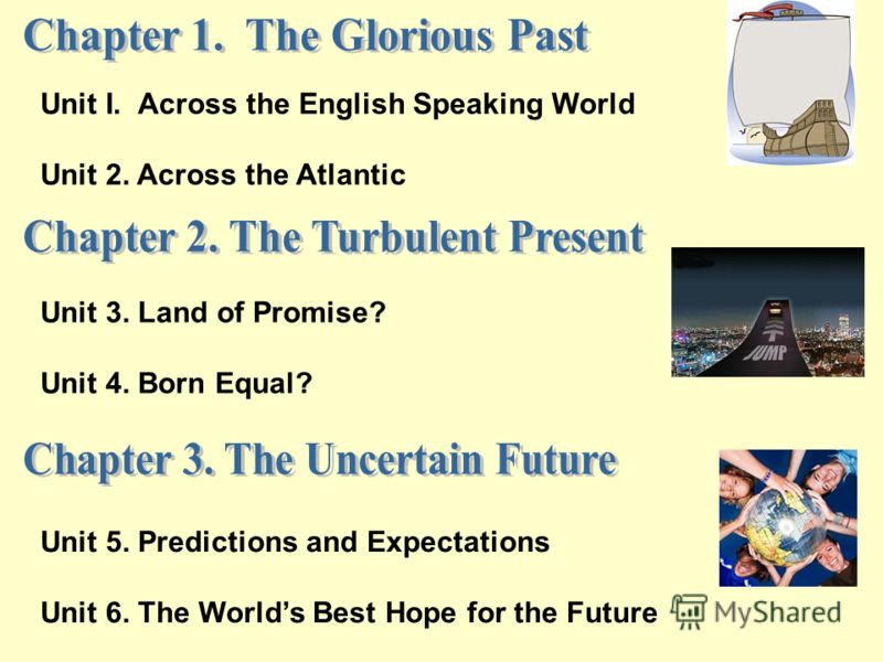 Unit I. Across the English Speaking World Unit 2. Across the Atlantic Unit 3. Land of Promise? Unit 4. Born Equal? Unit 5. Predictions and Expectations Unit 6. The Worlds Best Hope for the Future