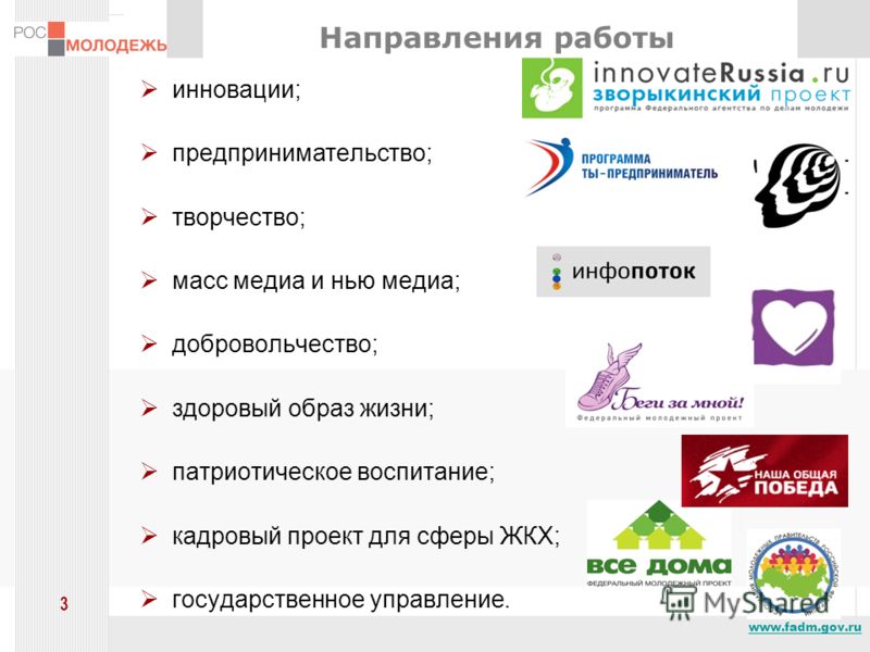 www.fadm.gov.ru 3 Направления работы инновации; предпринимательство; творчество; масс медиа и нью медиа; добровольчество; здоровый образ жизни; патриотическое воспитание; кадровый проект для сферы ЖКХ; государственное управление.
