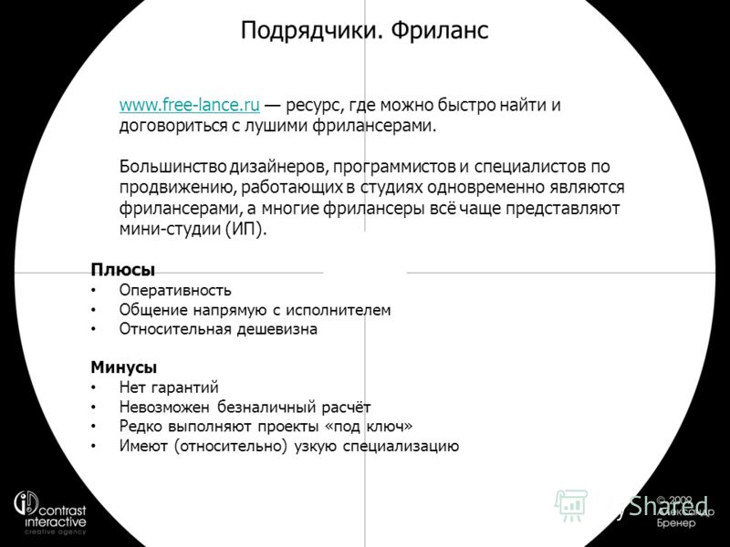 Подрядчики. Фриланс www.free-lance.ruwww.free-lance.ru ресурс, где можно быстро найти и договориться с лушими фрилансерами. Большинство дизайнеров, программистов и специалистов по продвижению, работающих в студиях одновременно являются фрилансерами, 