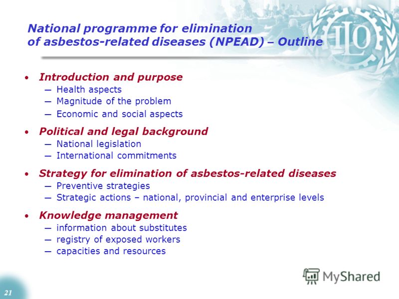 21 National programme for elimination of asbestos-related diseases (NPEAD) – Outline Introduction and purpose Health aspects Magnitude of the problem Economic and social aspects Political and legal background National legislation International commit