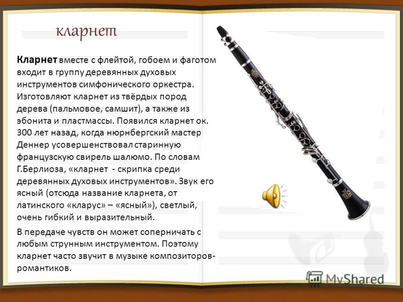 кларнет Кларнет вместе с флейтой, гобоем и фаготом входит в группу деревянных духовых инструментов симфонического оркестра. Изготовляют кларнет из твёрдых пород дерева (пальмовое, самшит), а также из эбонита и пластмассы. Появился кларнет ок. 300 лет