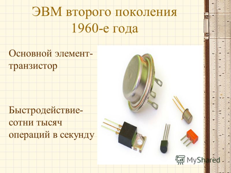 ЭВМ второго поколения 1960-е года Основной элемент- транзистор Быстродействие- сотни тысяч операций в секунду