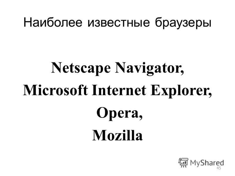 Наиболее известные браузеры 45 Netscape Navigator, Microsoft Internet Explorer, Opera, Mozilla
