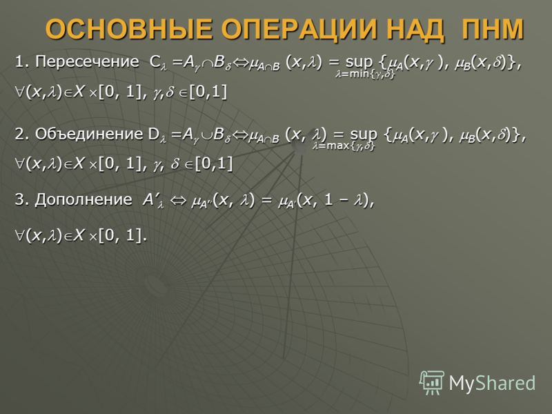 ОСНОВНЫЕ ОПЕРАЦИИ НАД ПНМ 1. Пересечение C =AB АB (x,) = sup { А (x, ), B (x,)}, =min{,}=min{,} (x,)X [0, 1],, [0,1](x,)X [0, 1],, [0,1] 2. Объединение D =AB АB (x, ) = sup { А (x, ), B (x,)}, =max{,} =max{,} (x,)X [0, 1],, [0,1](x,)X [0, 1],, [0,1] 