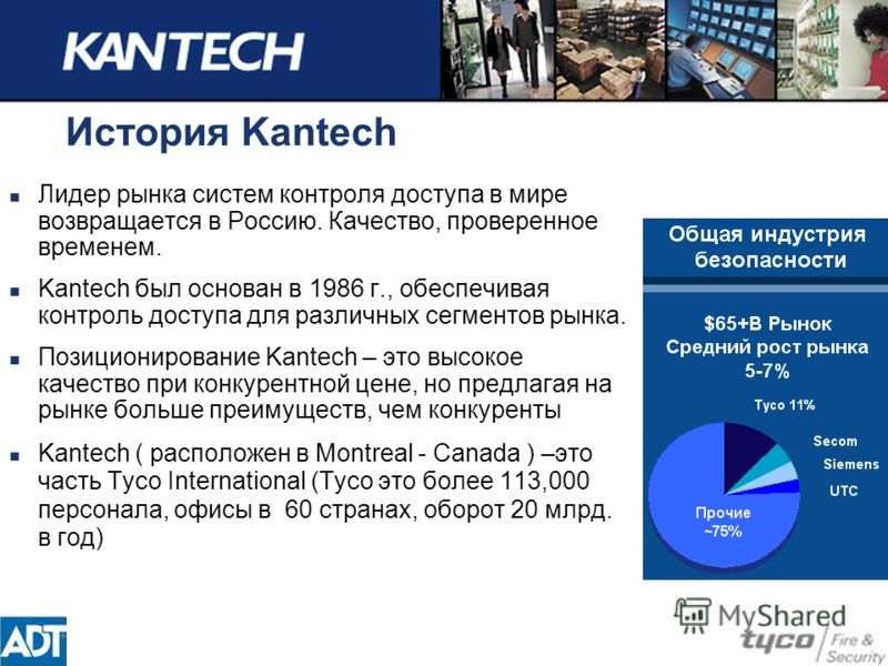 История Kantech Лидер рынка систем контроля доступа в мире возвращается в Россию. Качество, проверенное временем. Kantech был основан в 1986 г., обеспечивая контроль доступа для различных сегментов рынка. Позиционирование Kantech – это высокое качест