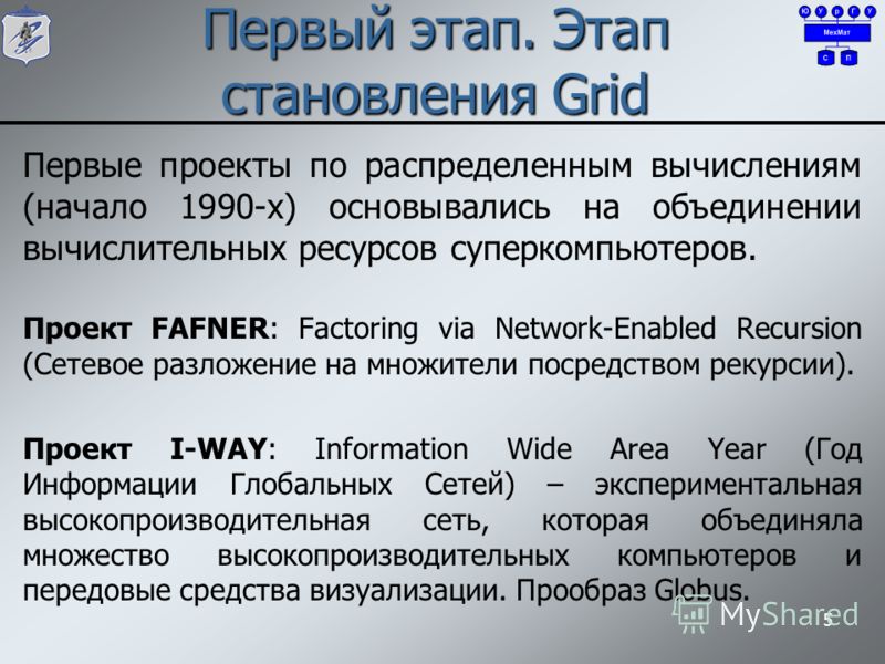 Первый этап. Этап становления Grid Первые проекты по распределенным вычислениям (начало 1990-х) основывались на объединении вычислительных ресурсов суперкомпьютеров. Проект FAFNER: Factoring via Network-Enabled Recursion (Сетевое разложение на множит