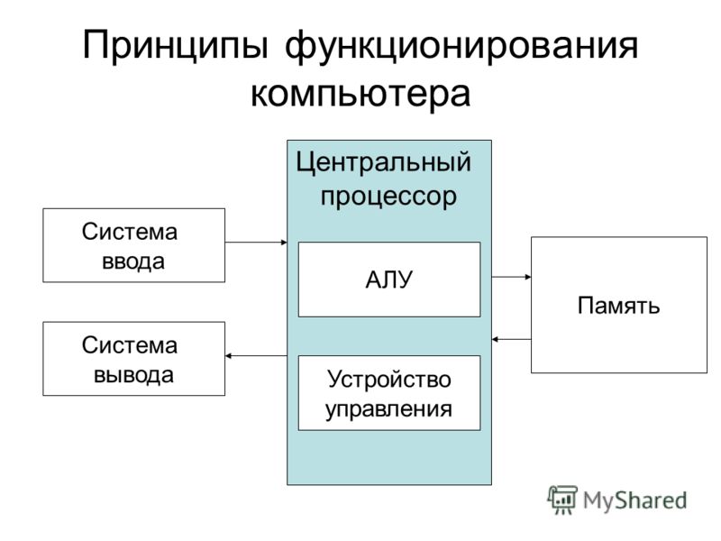 Принципы функционирования компьютера Центральный процессор Система ввода АЛУ Система вывода Память Устройство управления