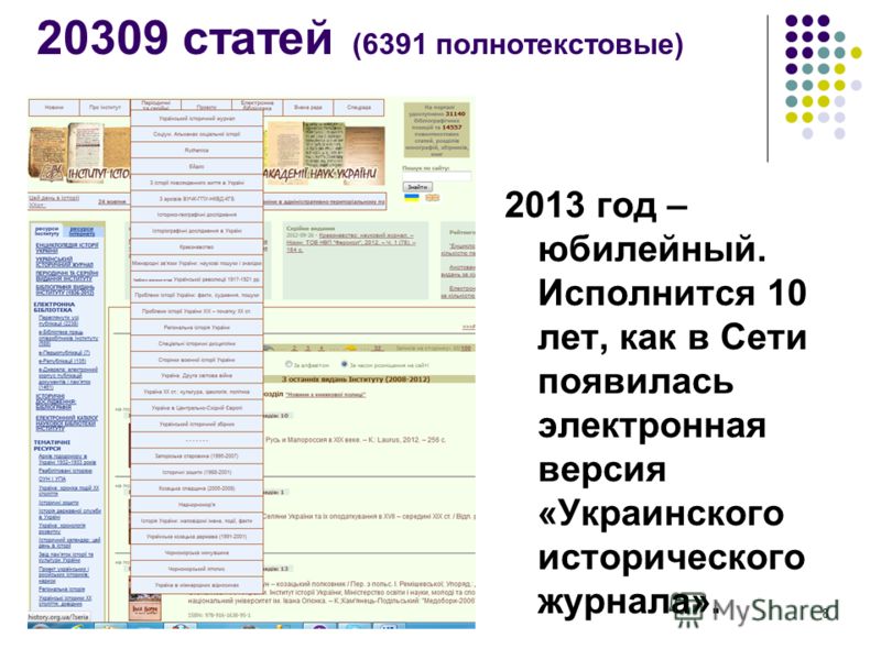 8 20309 статей (6391 полнотекстовые) 2013 год – юбилейный. Исполнится 10 лет, как в Сети появилась электронная версия «Украинского исторического журнала».