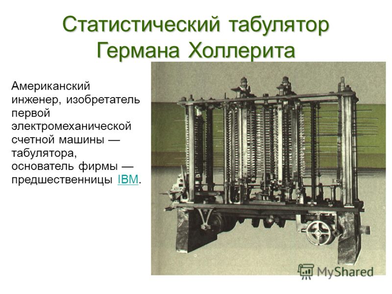Статистический табулятор Германа Холлерита Американский инженер, изобретатель первой электромеханической счетной машины табулятора, основатель фирмы предшественницы IBM.IBM