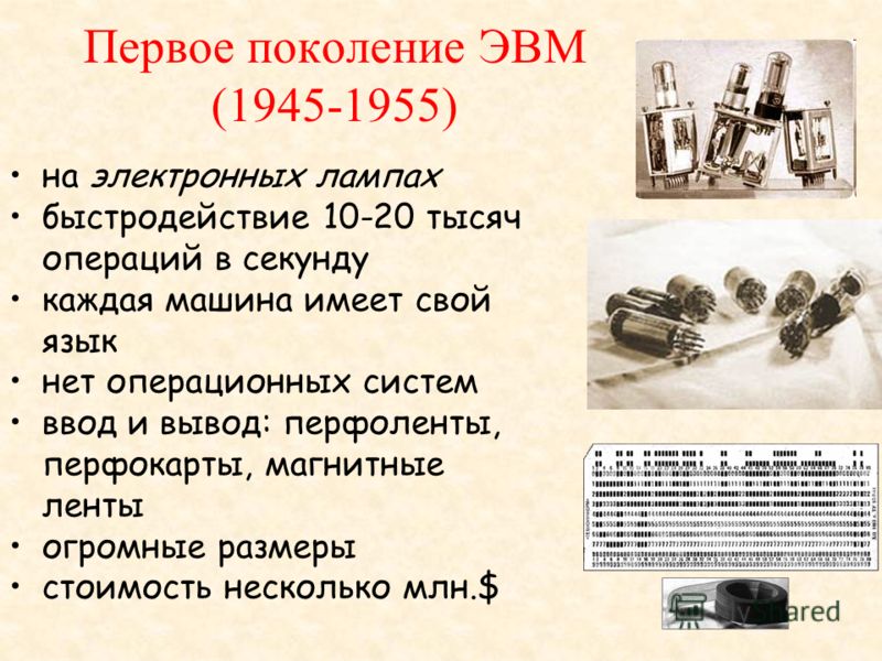Первое поколение ЭВМ (1945-1955) на электронных лампах быстродействие 10-20 тысяч операций в секунду каждая машина имеет свой язык нет операционных систем ввод и вывод: перфоленты, перфокарты, магнитные ленты огромные размеры стоимость несколько млн.