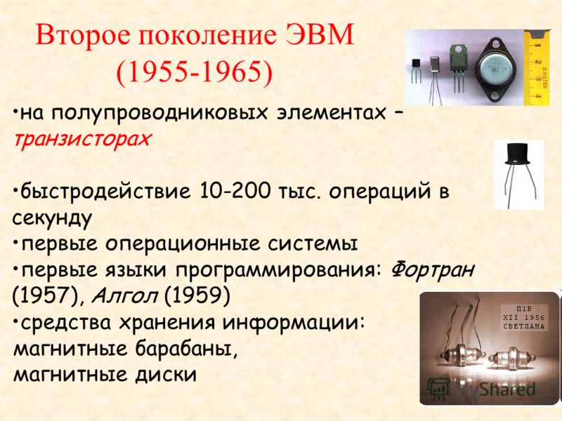 Второе поколение ЭВМ (1955-1965) на полупроводниковых элементах – транзисторах быстродействие 10-200 тыс. операций в секунду первые операционные системы первые языки программирования: Фортран (1957), Алгол (1959) средства хранения информации: магнитн