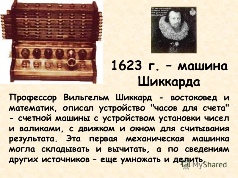 1623 г. – машина Шиккарда Профессор Вильгельм Шиккард - востоковед и математик, описал устройство 