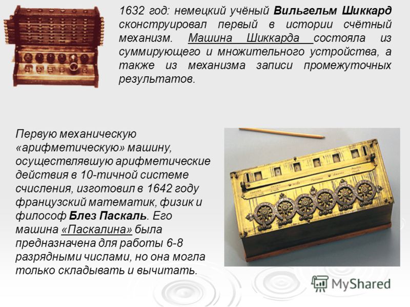 1632 год: немецкий учёный Вильгельм Шиккард сконструировал первый в истории счётный механизм. Машина Шиккарда состояла из суммирующего и множительного устройства, а также из механизма записи промежуточных результатов. Первую механическую «арифметичес