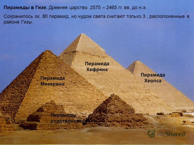 Пирамиды в Гизе. Древнее царство. 2575 – 2465 гг. вв. до н.э. Сохранилось ок. 80 пирамид, но чудом света считают только 3, расположенные в районе Гизы. Пирамида Хефрена Пирамида Хеопса Пирамида Микерина Пирамиды родственников