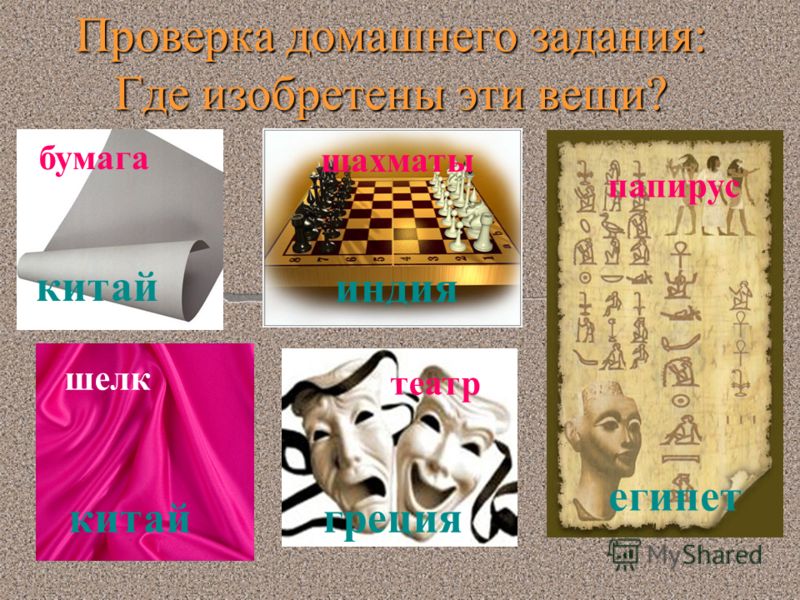 Проверка домашнего задания: Где изобретены эти вещи? бумага шахматы театр шелк папирус китай индия китайгреция египет