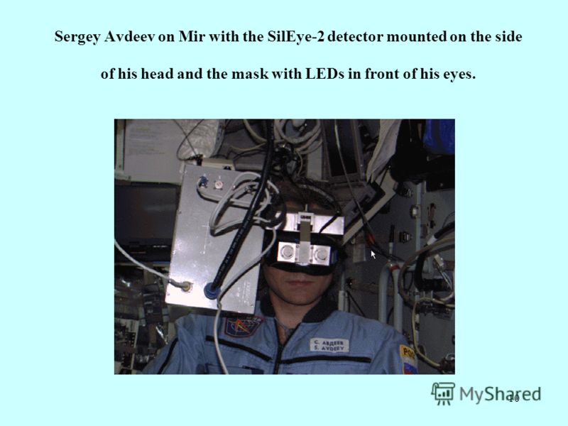 10 Sergey Avdeev on Mir with the SilEye-2 detector mounted on the side of his head and the mask with LEDs in front of his eyes.