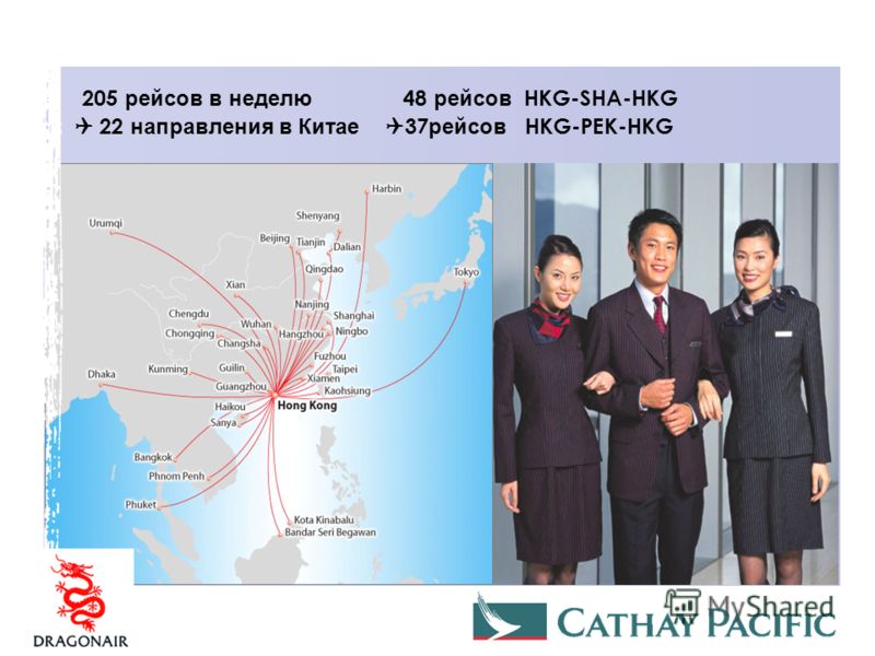205 рейсов в неделю 48 рейсов HKG-SHA-HKG 22 направления в Китае 37 рейсов HKG-PEK-HKG