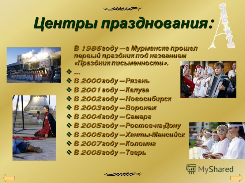 Центры празднования : В 1986 году в Мурманске прошел первый праздник под названием « Праздник письменности ». … В 2000 году Рязань В 2000 году Рязань В 2001 году Калуга В 2001 году Калуга В 2002 году Новосибирск В 2002 году Новосибирск В 2003 году Во