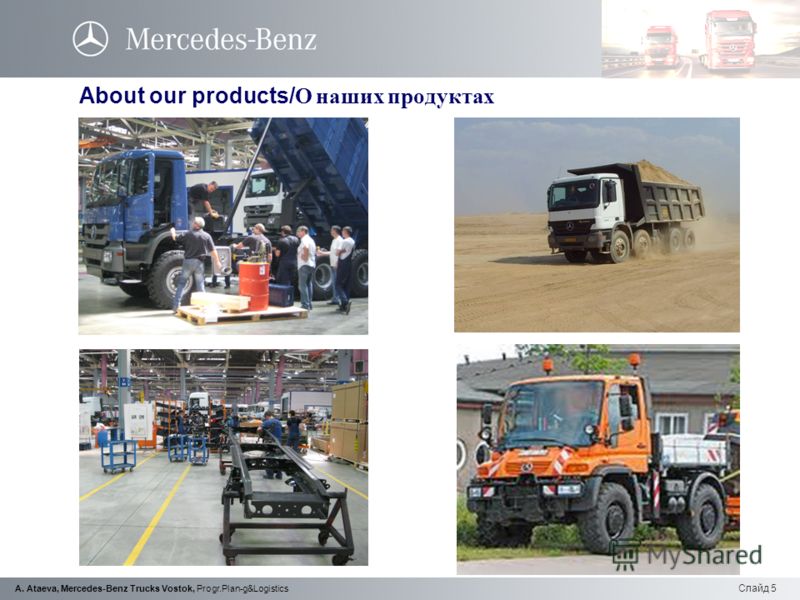 Слайд 5 A. Ataeva, Mercedes-Benz Trucks Vostok, Progr.Plan-g&Logistics About our products/ О наших продуктах w