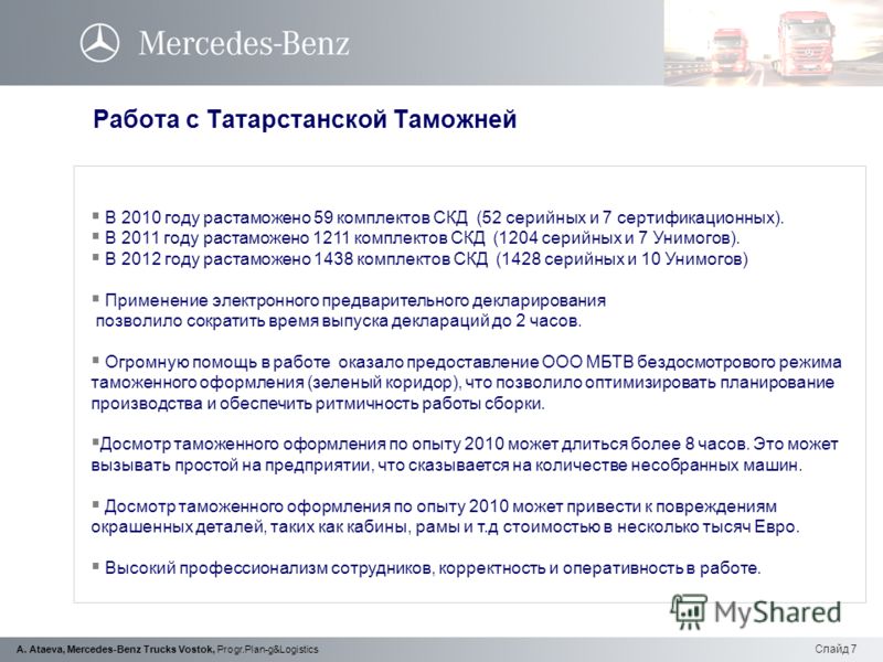 Слайд 7 A. Ataeva, Mercedes-Benz Trucks Vostok, Progr.Plan-g&Logistics Работа с Татарстанской Таможней В 2010 году растаможено 59 комплектов СКД (52 серийных и 7 сертификационных). В 2011 году растаможено 1211 комплектов СКД (1204 серийных и 7 Унимог
