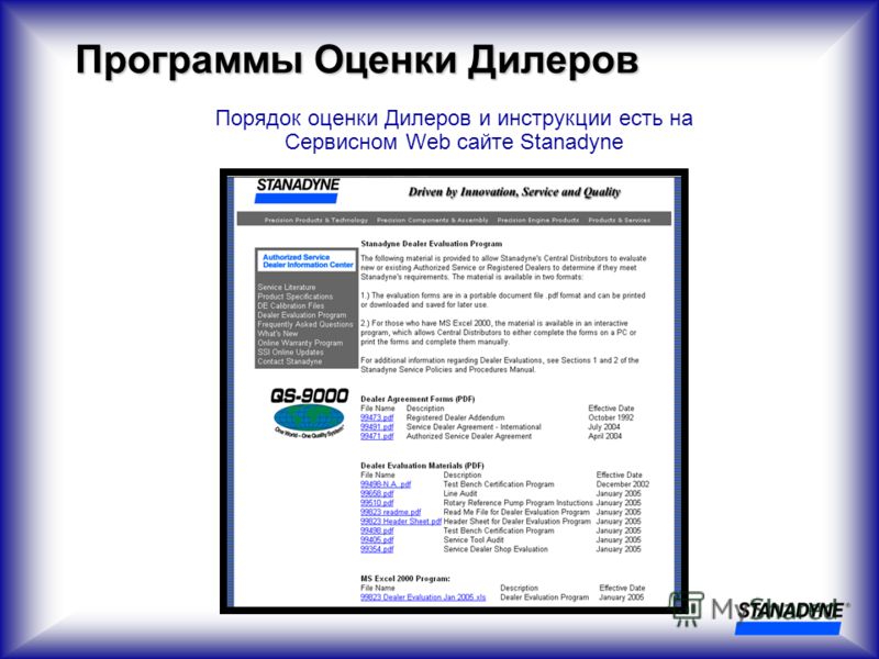 Порядок оценки Дилеров и инструкции есть на Сервисном Web сайте Stanadyne Программы Оценки Дилеров