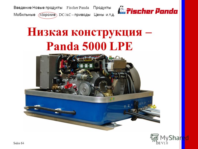 Введение Новые продукты Fischer Panda Продукты Мобильные M орские DC/AC – приводы Цены и.т.д. Seite 64DE V1.0 Низкая конструкция – Panda 5000 LPE