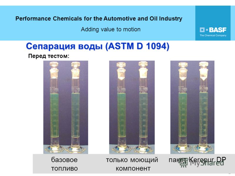 Performance Chemicals for the Automotive and Oil Industry Adding value to motion 13 18 базовое только моющий пакет Keropur DP топливо компонент Сепарация воды (ASTM D 1094) Перед тестом:
