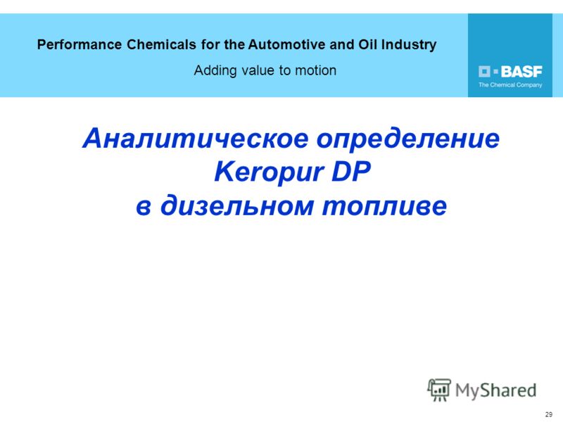 Performance Chemicals for the Automotive and Oil Industry Adding value to motion 29 Аналитическое определение Keropur DP в дизельном топливе