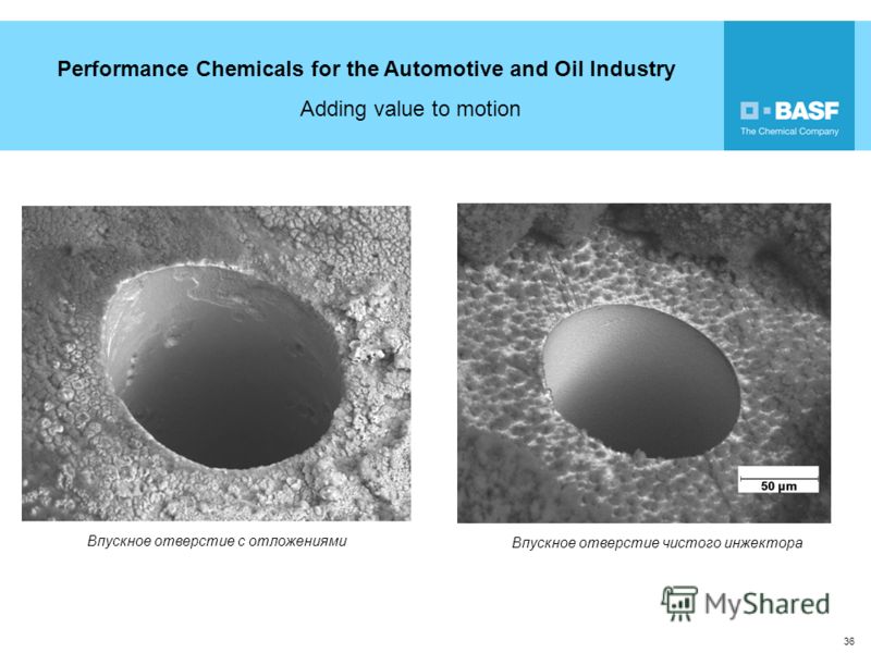 Performance Chemicals for the Automotive and Oil Industry Adding value to motion 36 Впускное отверстие чистого инжектора Впускное отверстие с отложениями