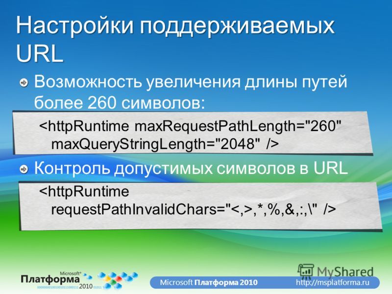 http://msplatforma.ruMicrosoft Платформа 2010 Настройки поддерживаемых URL Возможность увеличения длины путей более 260 символов: Контроль допустимых символов в URL,*,%,&,:,\ />