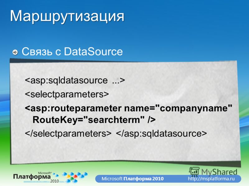 http://msplatforma.ruMicrosoft Платформа 2010Маршрутизация Связь с DataSource