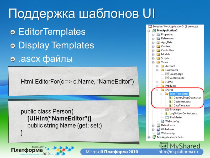 http://msplatforma.ruMicrosoft Платформа 2010 Поддержка шаблонов UI EditorTemplates Display Templates.ascx файлы Html.EditorFor(c => c.Name, NameEditor) public class Person{ [UIHint(NameEditor)] public string Name {get; set;} }